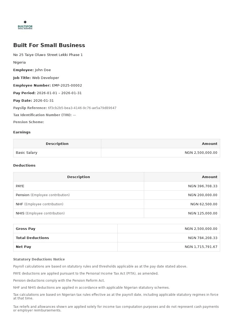 Nigeria Payslip Sample using NTA 2025 Act