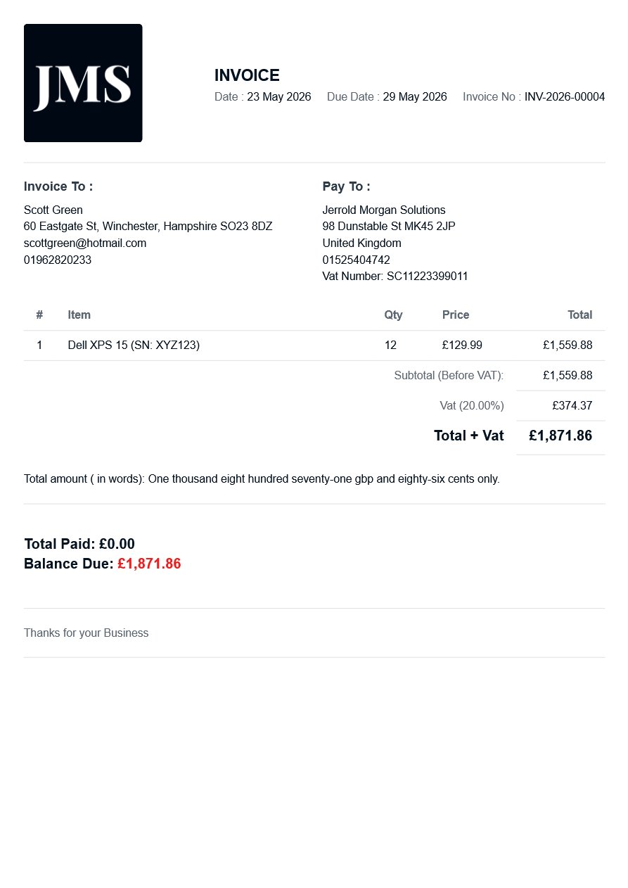 Professional invoice generated by BFSB