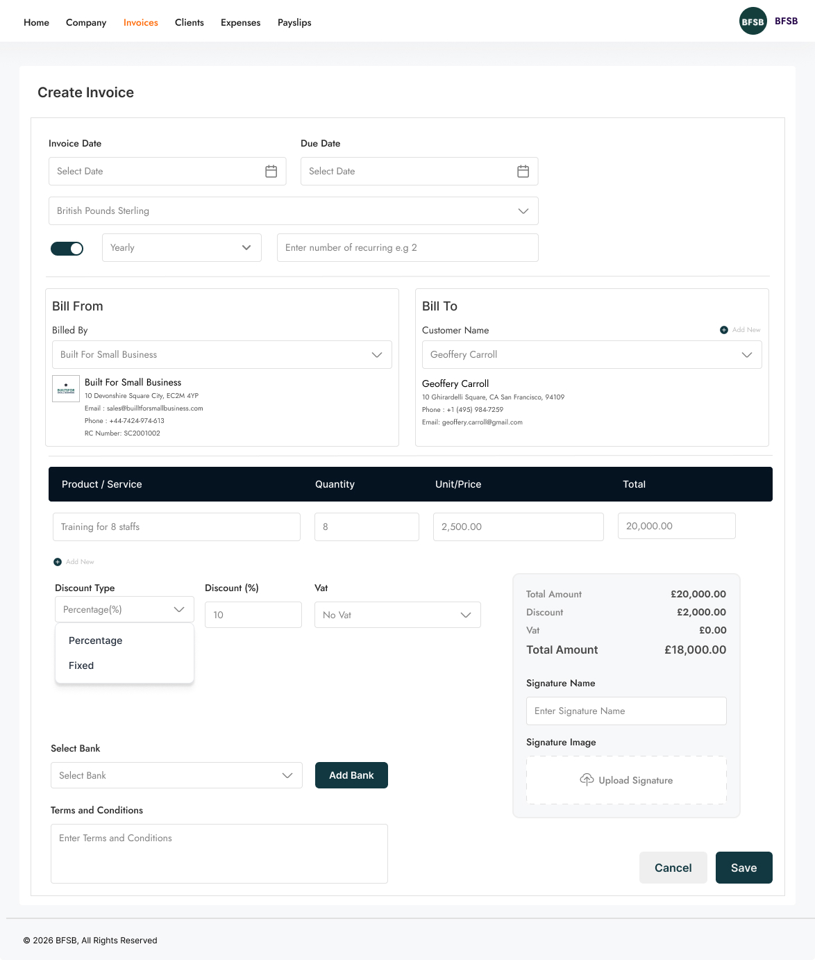 bfsb recurring invoice creation process
