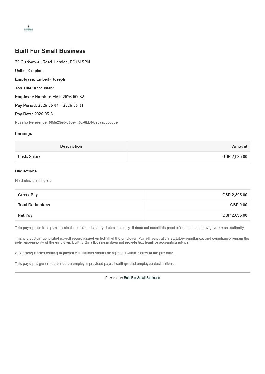 Payslip generated by BFSB